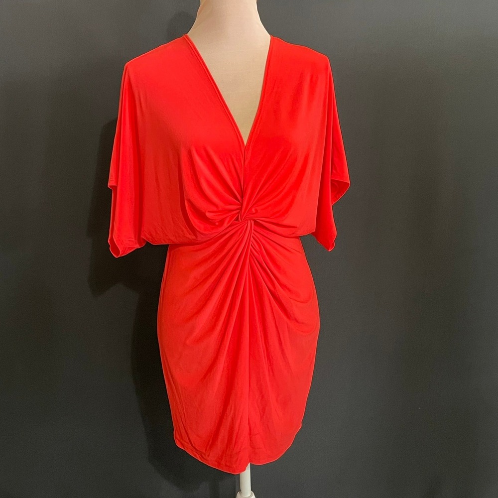 Karlie Twist Front Mini Dress Women Medium Red Good V-Neck Kimono Sleeve MD1640
